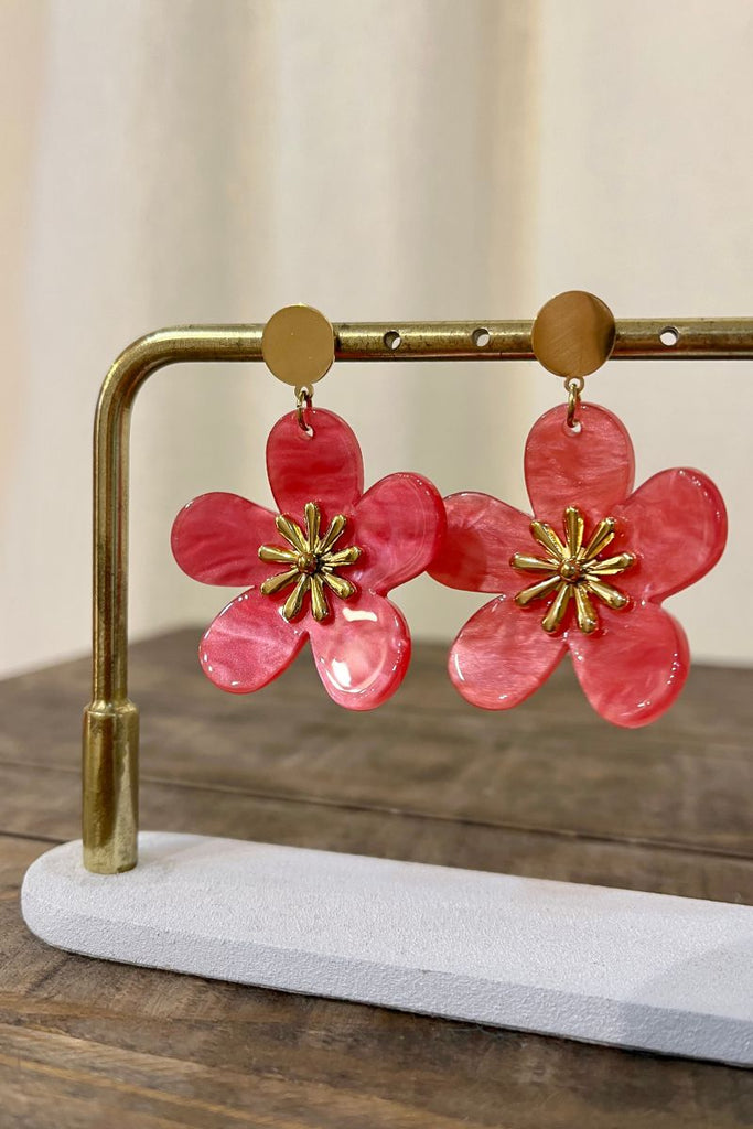 Boucles d'oreilles Fleur, couleur rose, matière acier inoxydable, longueur : 5cm