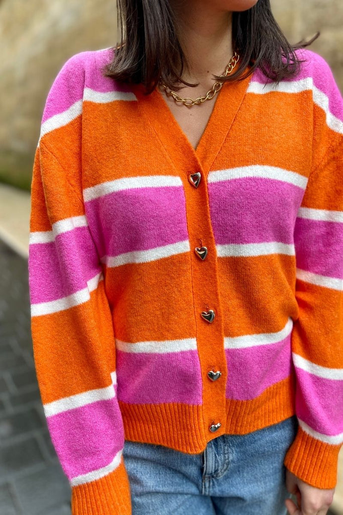 Gilet Ihmotif, couleur orange et rose, marque Ichi, manches longues, encolure V, boutons détail coeur