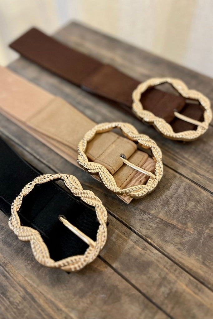 Ceinture Apolline, 3 coloris : beige, marron et noir, boucle dorée fantaisie, taille unique, taille élastique