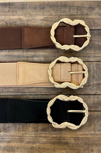 Ceinture Apolline, 3 coloris : beige, marron et noir, boucle dorée fantaisie, taille unique, taille élastique