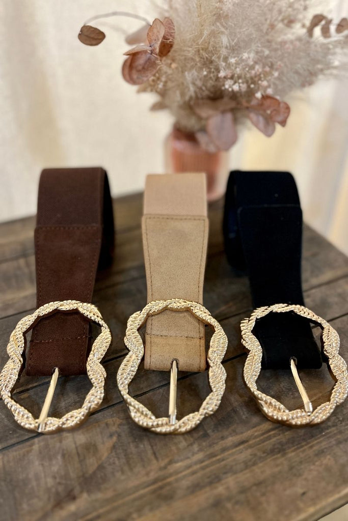 Ceinture Apolline, 3 coloris : beige, marron et noir, boucle dorée fantaisie, taille unique, taille élastique