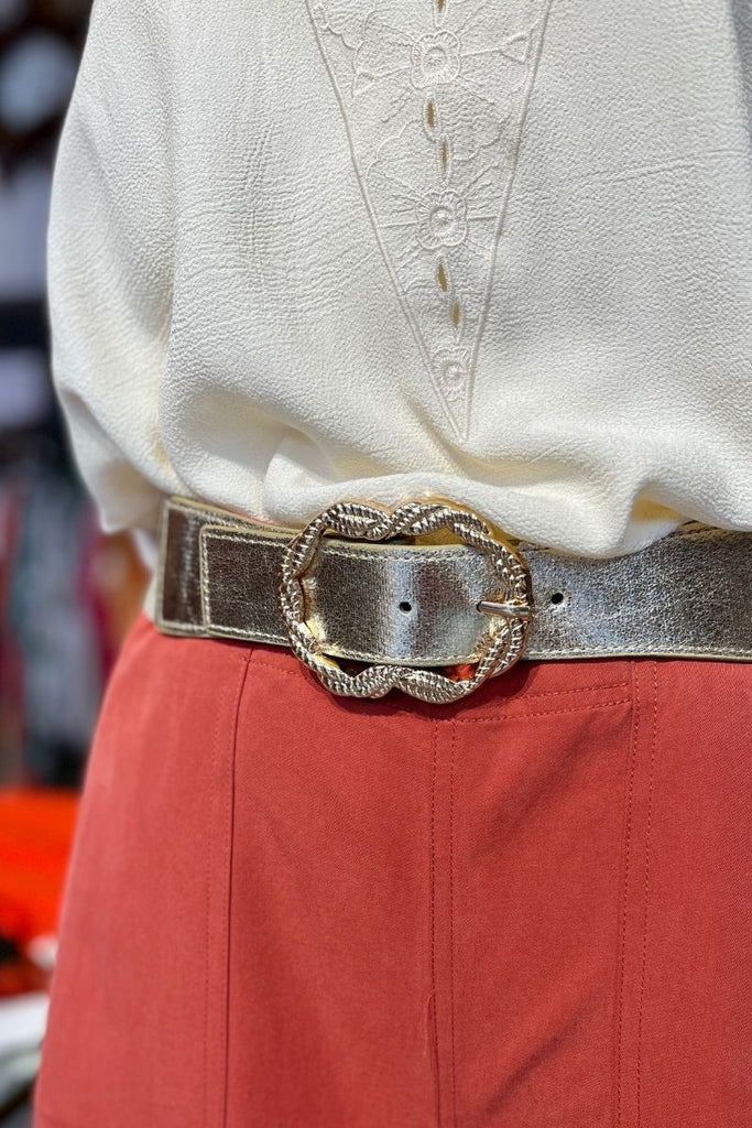 Ceinture Apolline, couleur doré, boucle doré fantaisie en acier inoxydable, taille unique et taille élastique