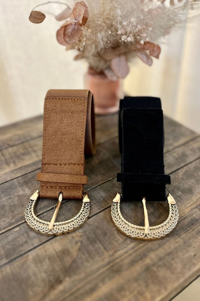 Ceinture Aya, taille élastique, taille unique, 2 coloris : marron et noir, boucle dorée fantaisie