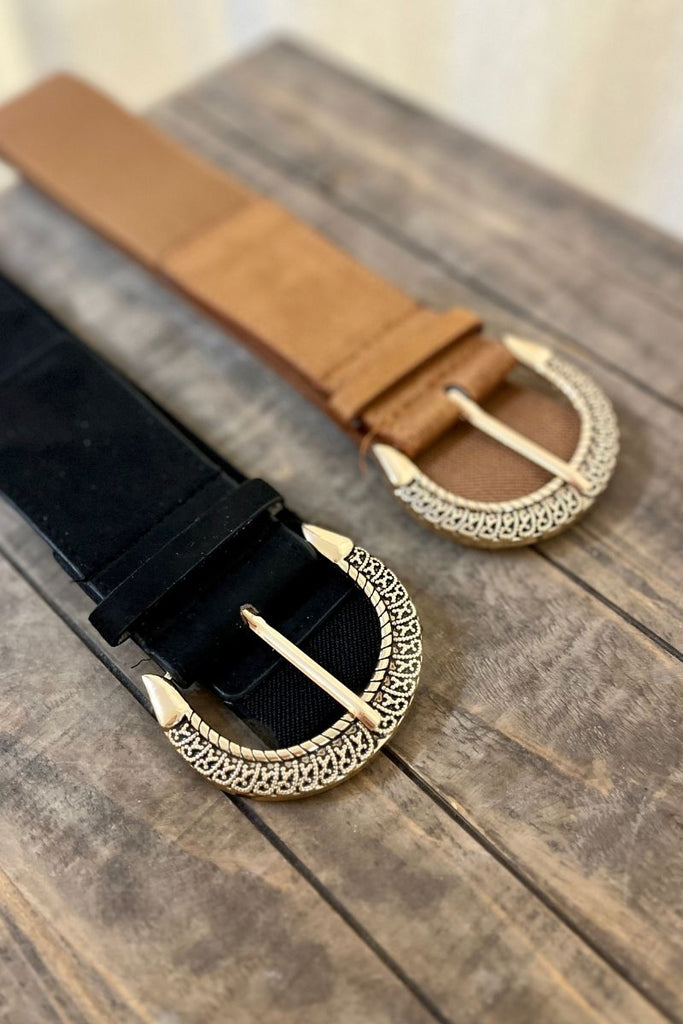 Ceinture Aya, taille élastique, taille unique, 2 coloris : marron et noir, boucle dorée fantaisie