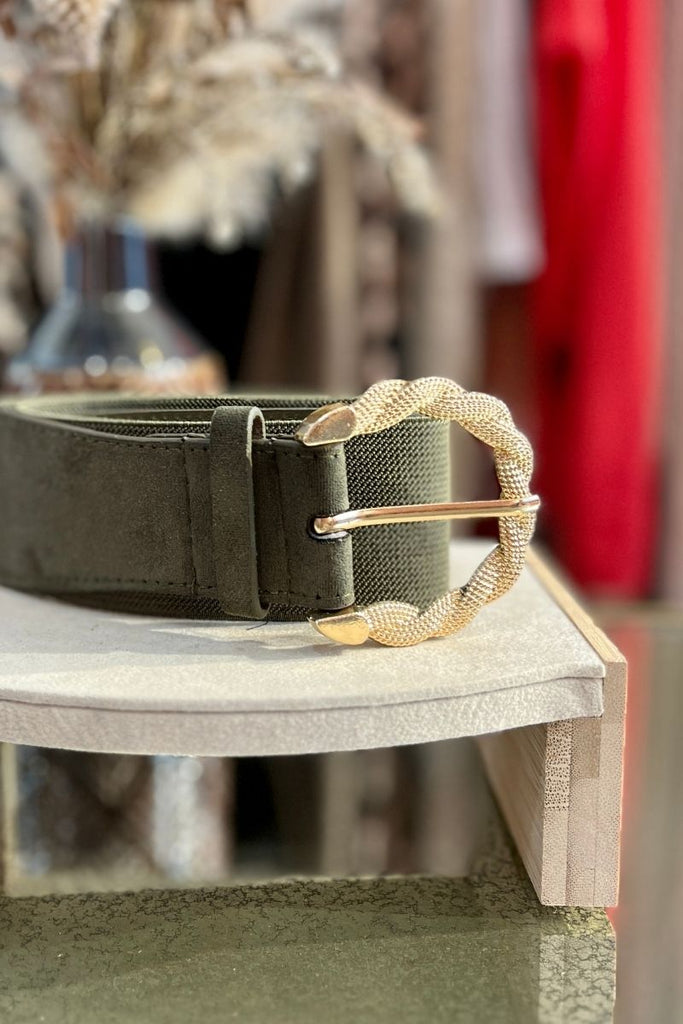 Ceinture Inaya, couleur kaki, boucle doré fantaisie en acier inoxydable, taille unique et taille élastique