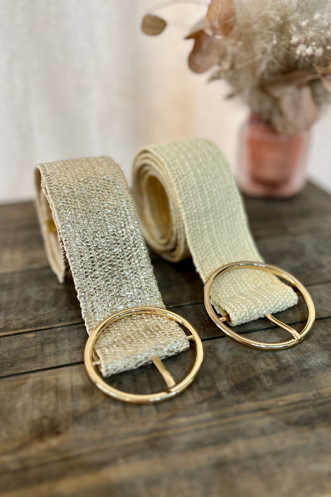 Ceinture Oriane, 2 coloris : beige uni et doré, boucle en metal doré, taille unique