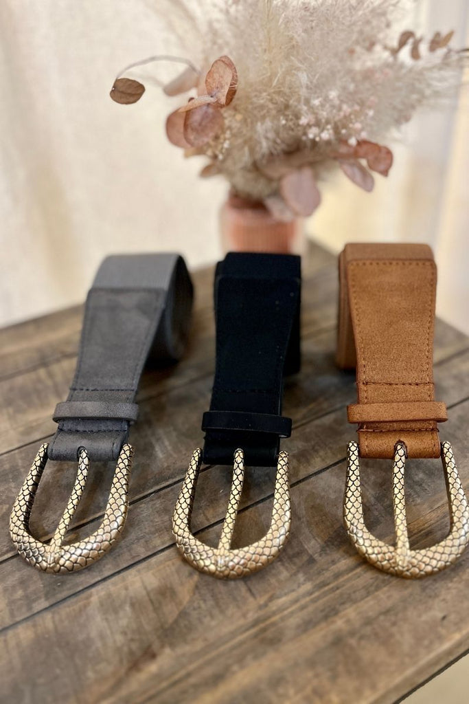 Ceinture Paola, taille élastique, taille unique, boucle fantaisie dorée, 3 coloris : camel, gris et noir