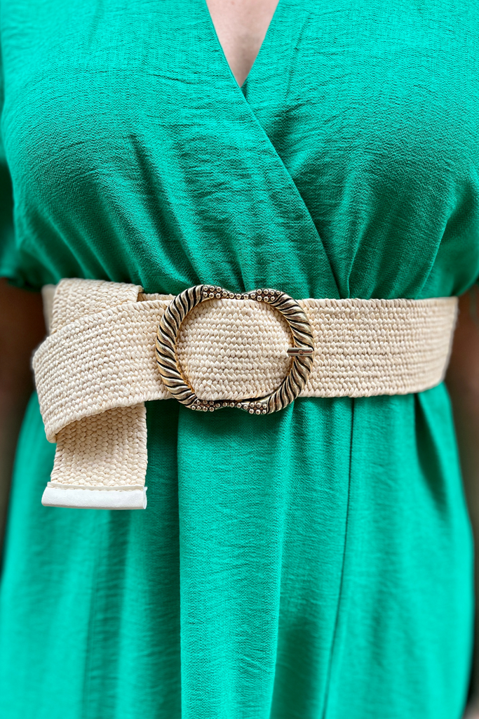 Ceinture Rachel, 3 coloris : beige uni, camel dore, beige dore, taille unique, boucle en metal doré