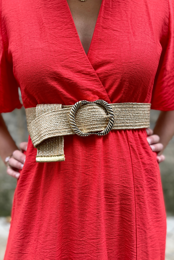 Ceinture Rachel, 3 coloris : beige uni, camel dore, beige dore, taille unique, boucle en metal doré