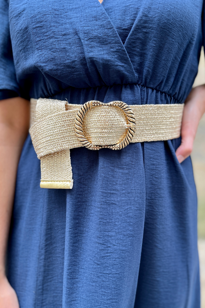 Ceinture Rachel, 3 coloris : beige uni, camel dore, beige dore, taille unique, boucle en metal doré