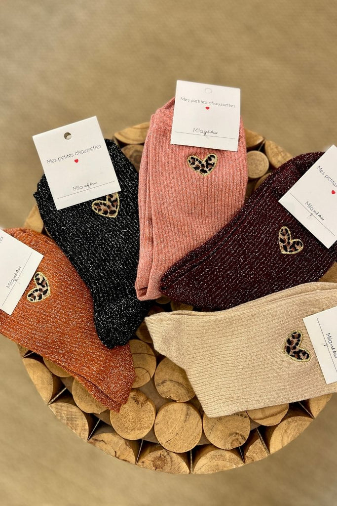 Chaussettes Léo, coeur léopard, 5 coloris, paillettes