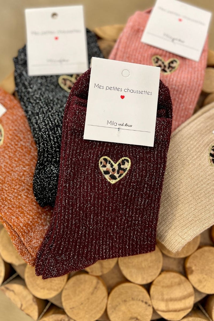 Chaussettes Léo, coeur léopard, 5 coloris, paillettes