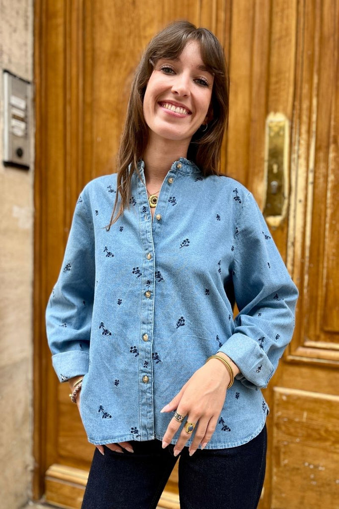 Chemise Iharcher, couleur bleu, marque Ichi, manches longues, matière style jean