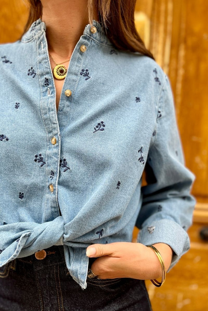 Chemise Iharcher, couleur bleu, marque Ichi, manches longues, matière style jean