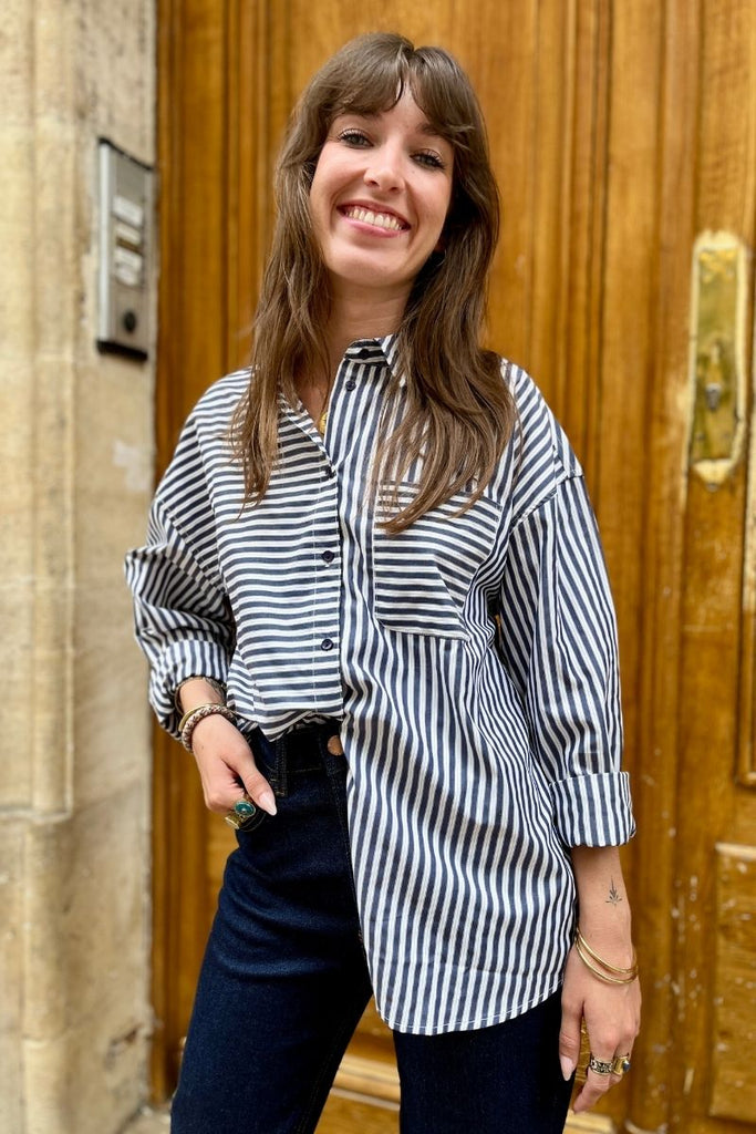 Chemise Ihevinoa, couleur blanc, marque Ichi, motifs rayures, col chemise