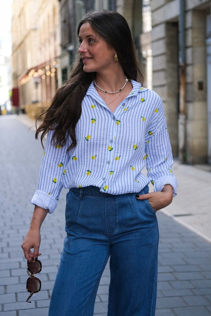 Chemise Citron, couleur bleu, manches longues, col chemise
