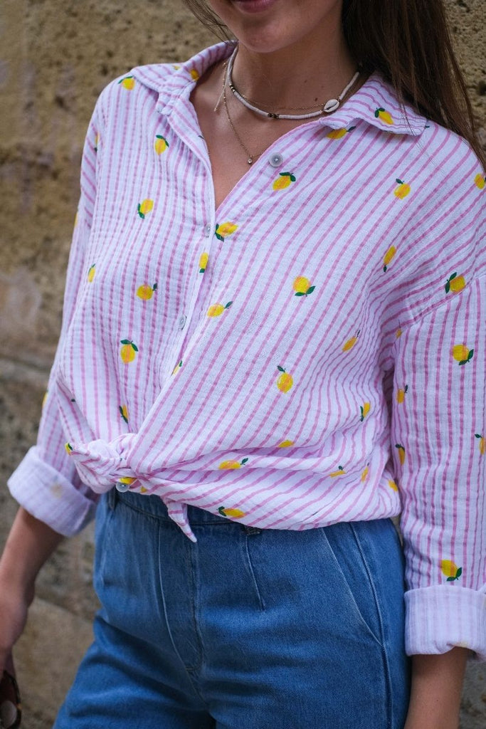 Chemise Citron, couleur rose, matière coton, manches longues, col chemise