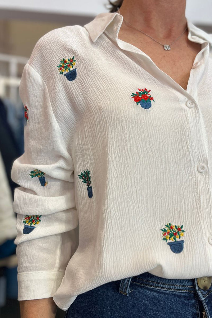 Blouse Flora, couleur blanche, manches longues, matière viscose et coton