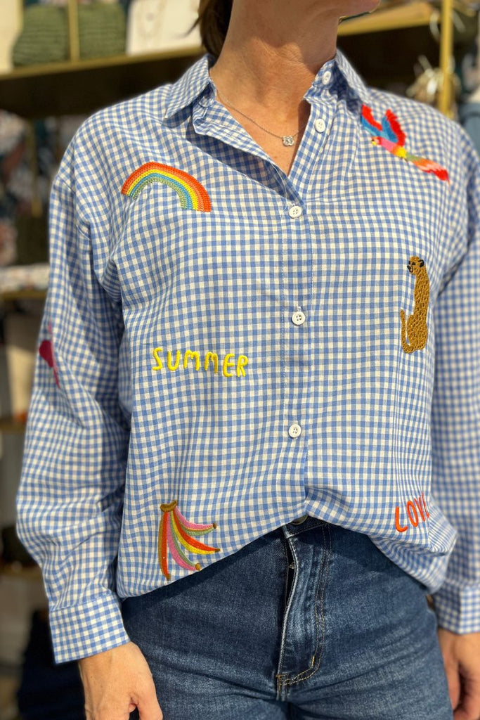 Chemise Lorette, couleur bleu, manches longues, motif vichy, col chemise