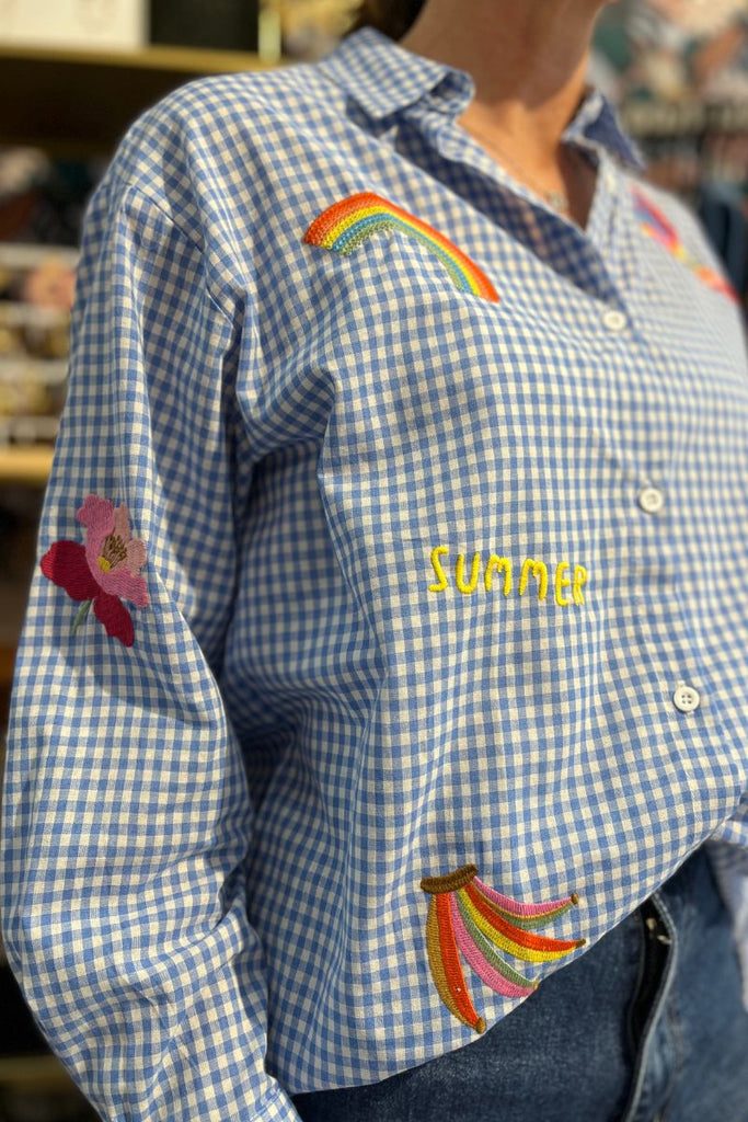 Chemise Lorette, couleur bleu, manches longues, motif vichy, col chemise
