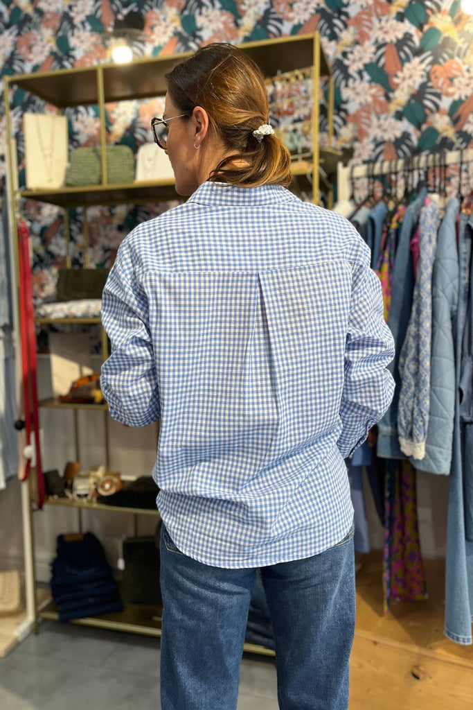 Chemise Lorette, couleur bleu, manches longues, motif vichy, col chemise