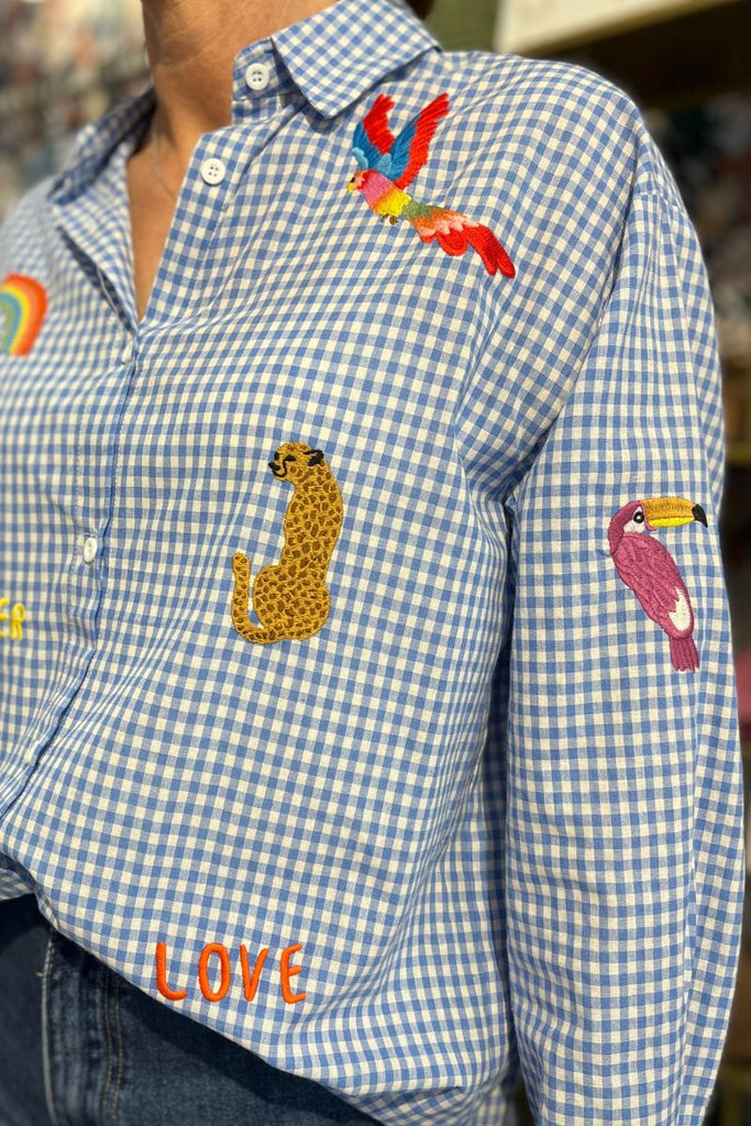 Chemise Lorette, couleur bleu, manches longues, motif vichy, col chemise