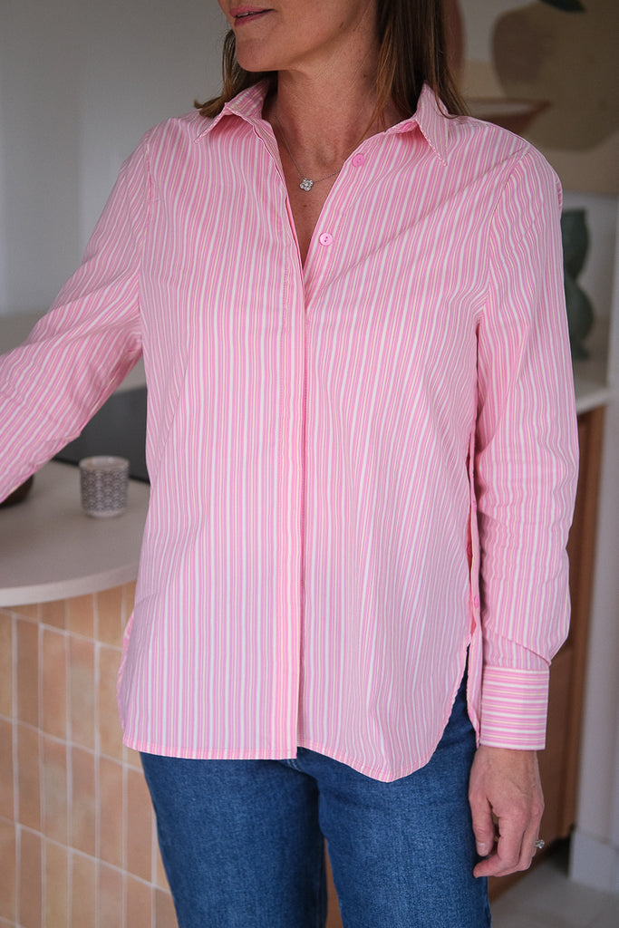 Chemise Nessi, couleur rose, marque Orfeo, manches longues, motifs rayures