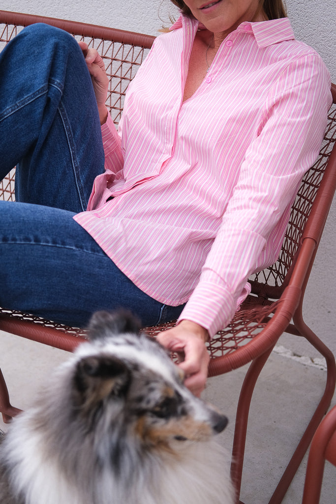 Chemise Nessi, couleur rose, marque Orfeo, manches longues, motifs rayures