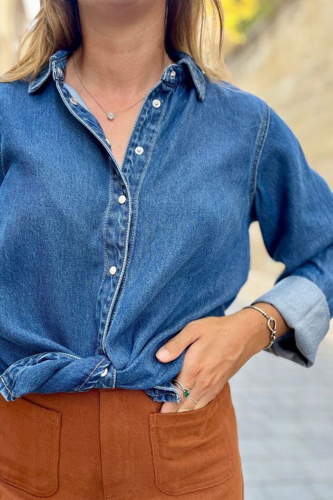 Chemise Objframe, couleur bleu jean, marque Object, col chemise, manches longues, coupe loose