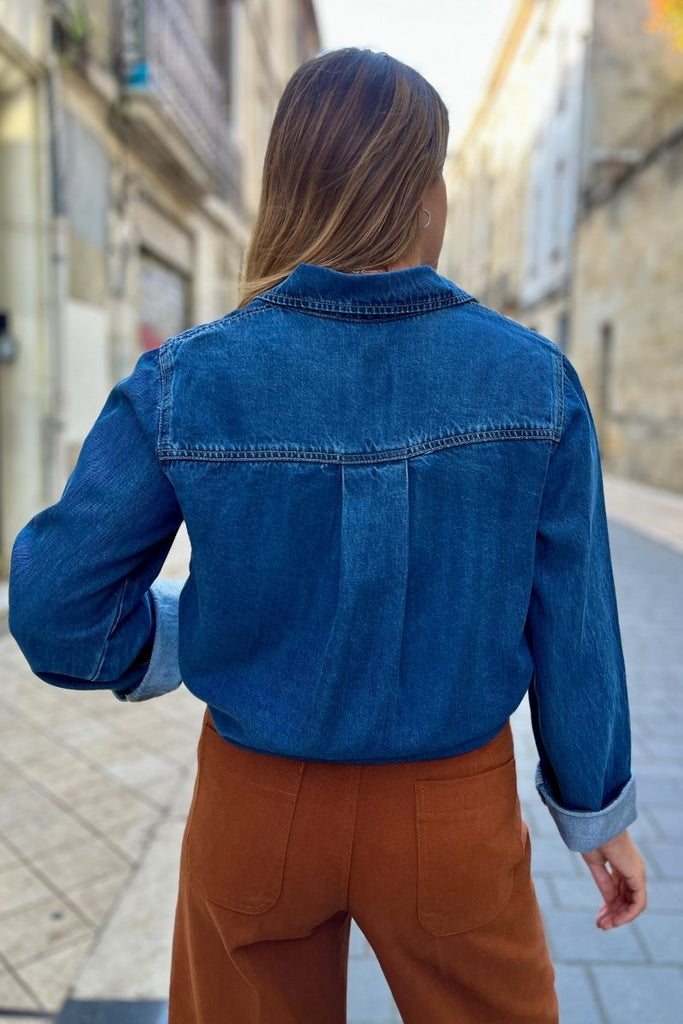 Chemise Objframe, couleur bleu jean, marque Object, col chemise, manches longues, coupe loose