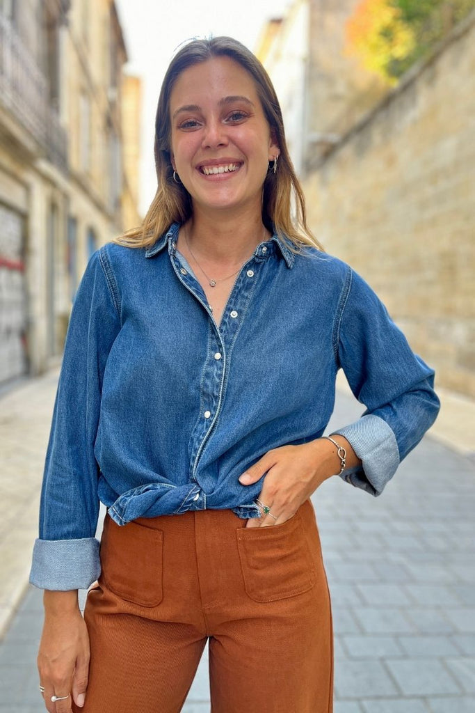 Chemise Objframe, couleur bleu jean, marque Object, col chemise, manches longues, coupe loose
