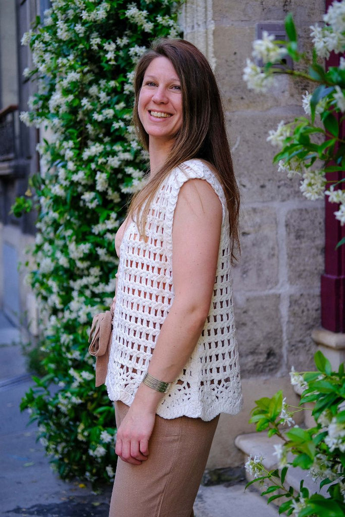 Gilet Vichaney, couleur écru, marque Vila, manches courtes, matière crochet