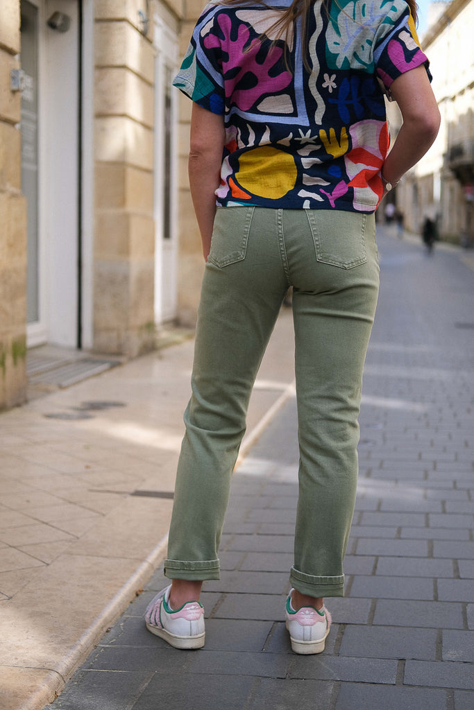 Jean Patricia, couleur vert, marque F.A.M, coupe mom