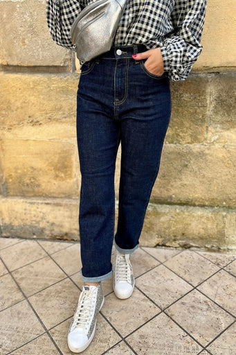 Jean Pola, couleur bleu, marque FAM, taille haute, coupe droite