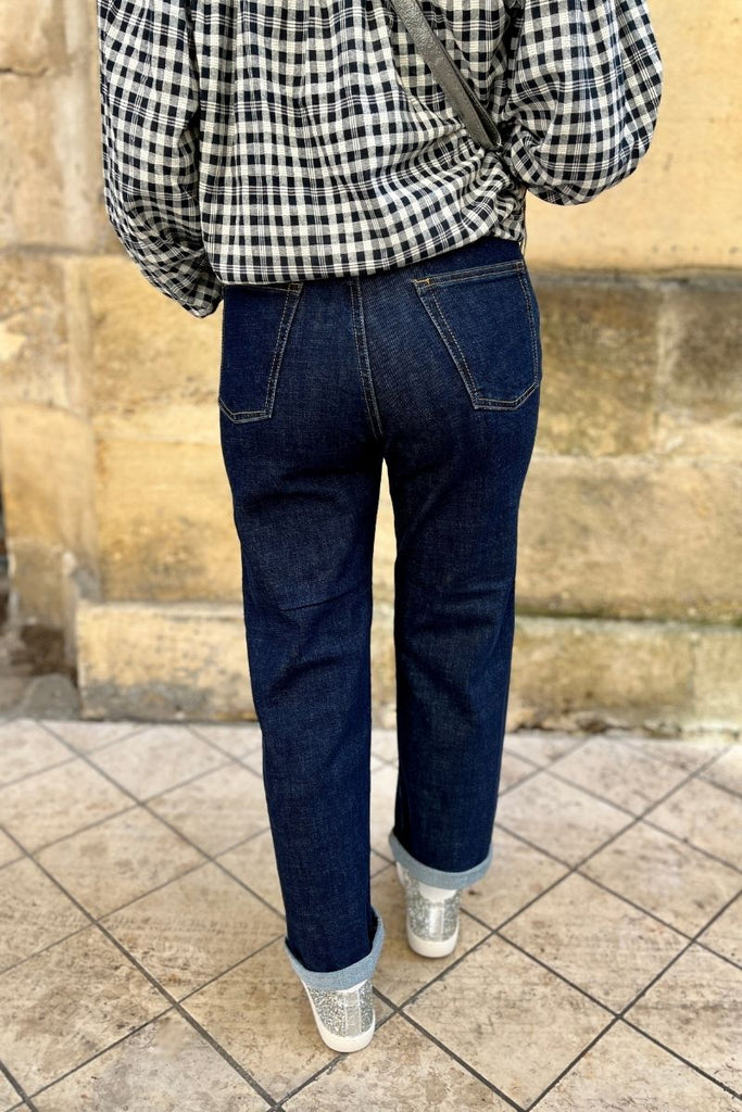 Jean Pola, couleur bleu, marque FAM, taille haute, coupe droite