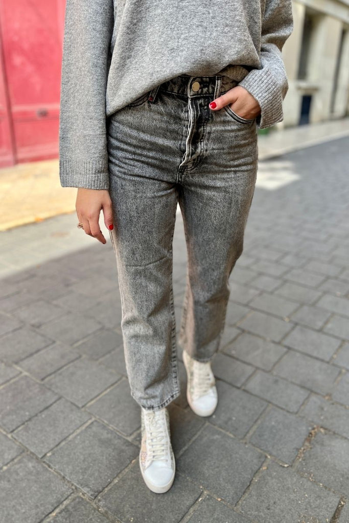 Jean Pola, couleur gris, marque FAM, coupe droite, taille haute, jean 5 poches, matière coton
