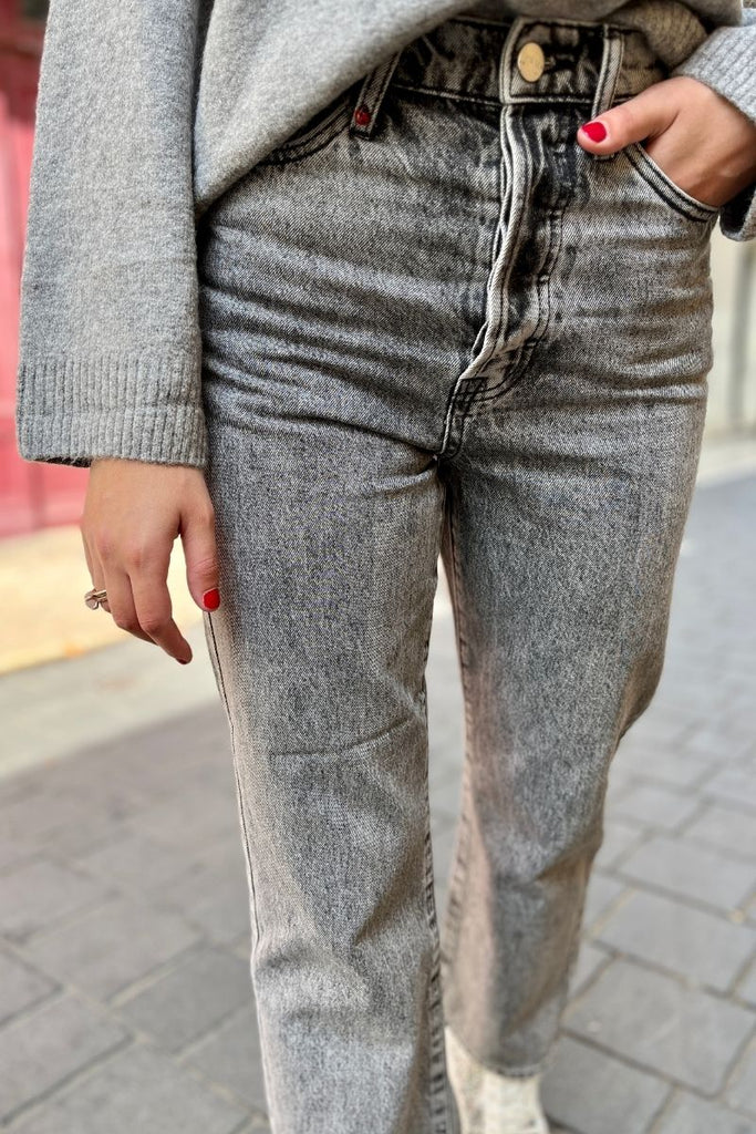 Jean Pola, couleur gris, marque FAM, coupe droite, taille haute, jean 5 poches, matière coton