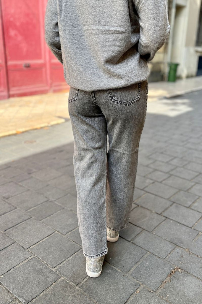 Jean Pola, couleur gris, marque FAM, coupe droite, taille haute, jean 5 poches, matière coton