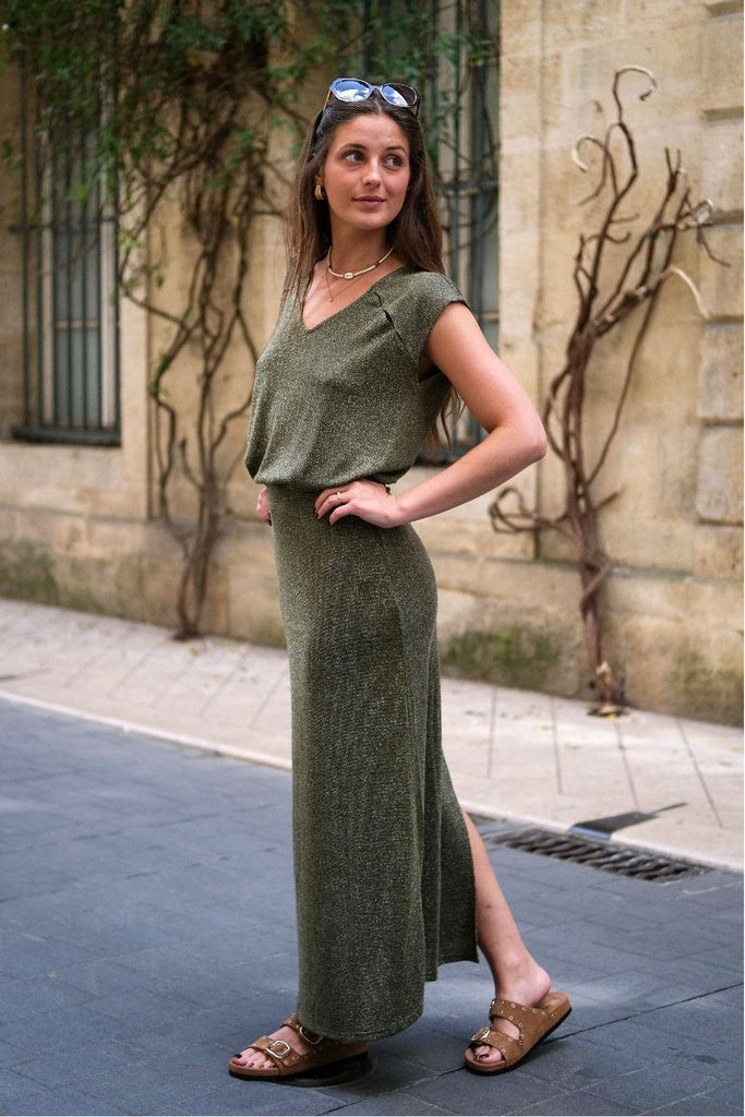 Jupe Viregine, couleur vert à paillettes, marque Vila, jupe longue