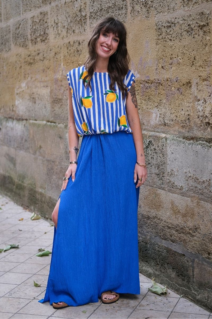 Jupe Natanya, couleur bleu, jupe longue, matière viscose, taille élastique