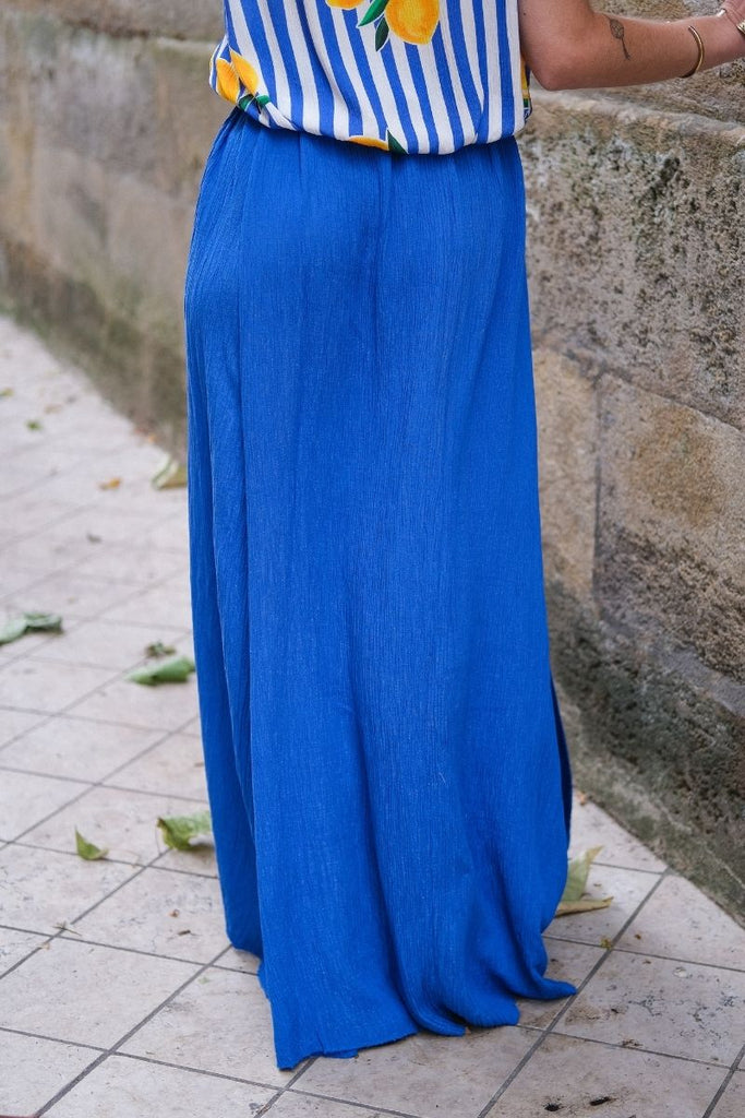 Jupe Natanya, couleur bleu, jupe longue, matière viscose, taille élastique