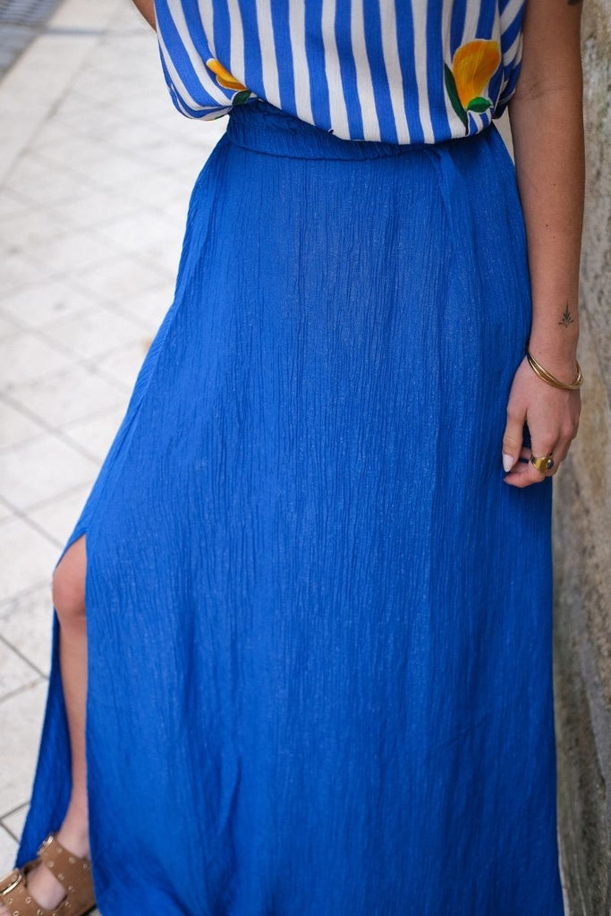 Jupe Natanya, couleur bleu, jupe longue, matière viscose, taille élastique