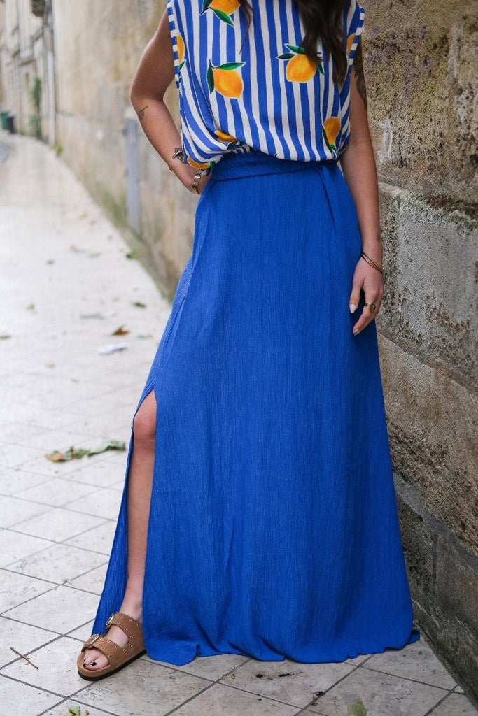 Jupe Natanya, couleur bleu, jupe longue, matière viscose, taille élastique