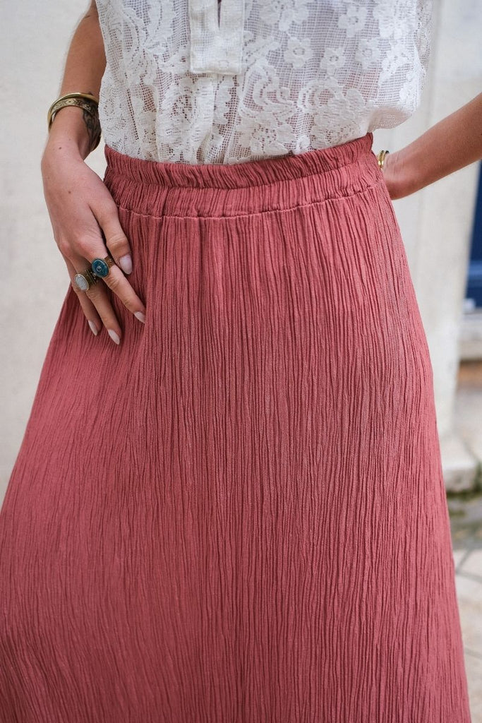Jupe Natanya, couleur terracotta, taille élastique, jupe longue
