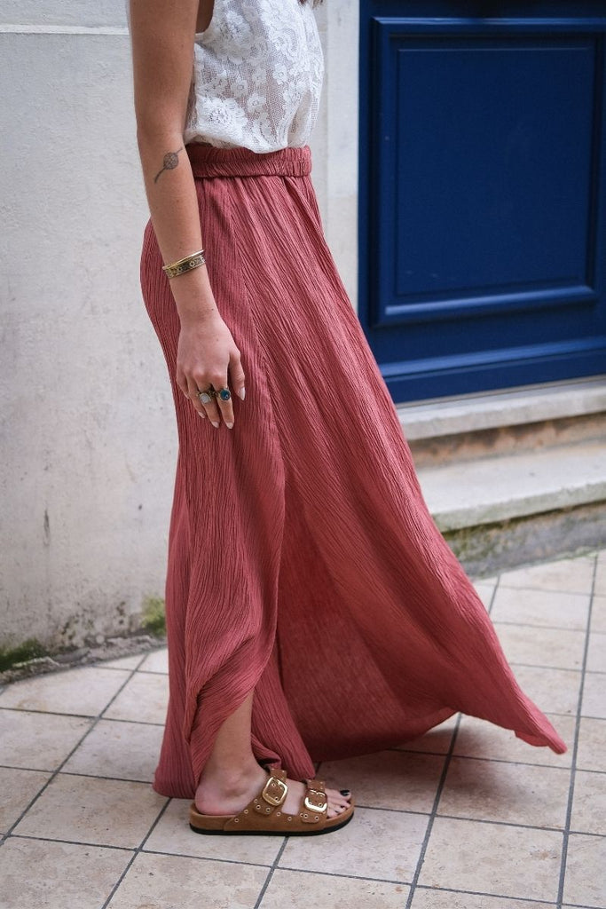 Jupe Natanya, couleur terracotta, taille élastique, jupe longue