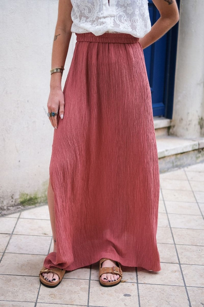 Jupe Natanya, couleur terracotta, taille élastique, jupe longue