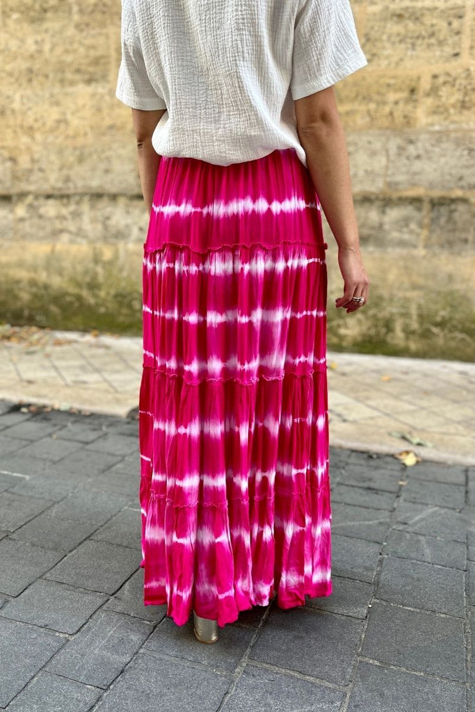 Jupe Skala, couleur fuschia, jupe longue, motif tye and dye, taille élastique