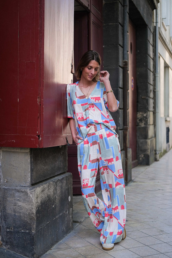 Pantalon Ihnasreen, couleur bleu, marque Ichi, taille élastique, matière fluide