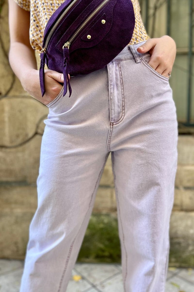 Pantalon Agatha, couleur lilas, marque Frnch, coupe droite, taille haute, pantalon 5 poches