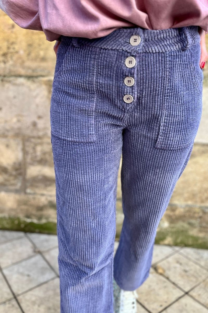 Pantalon Clavi, couleur violet, marque Drolatic, matière velours cotelé, taille haute, coupe droite, poches plaquées